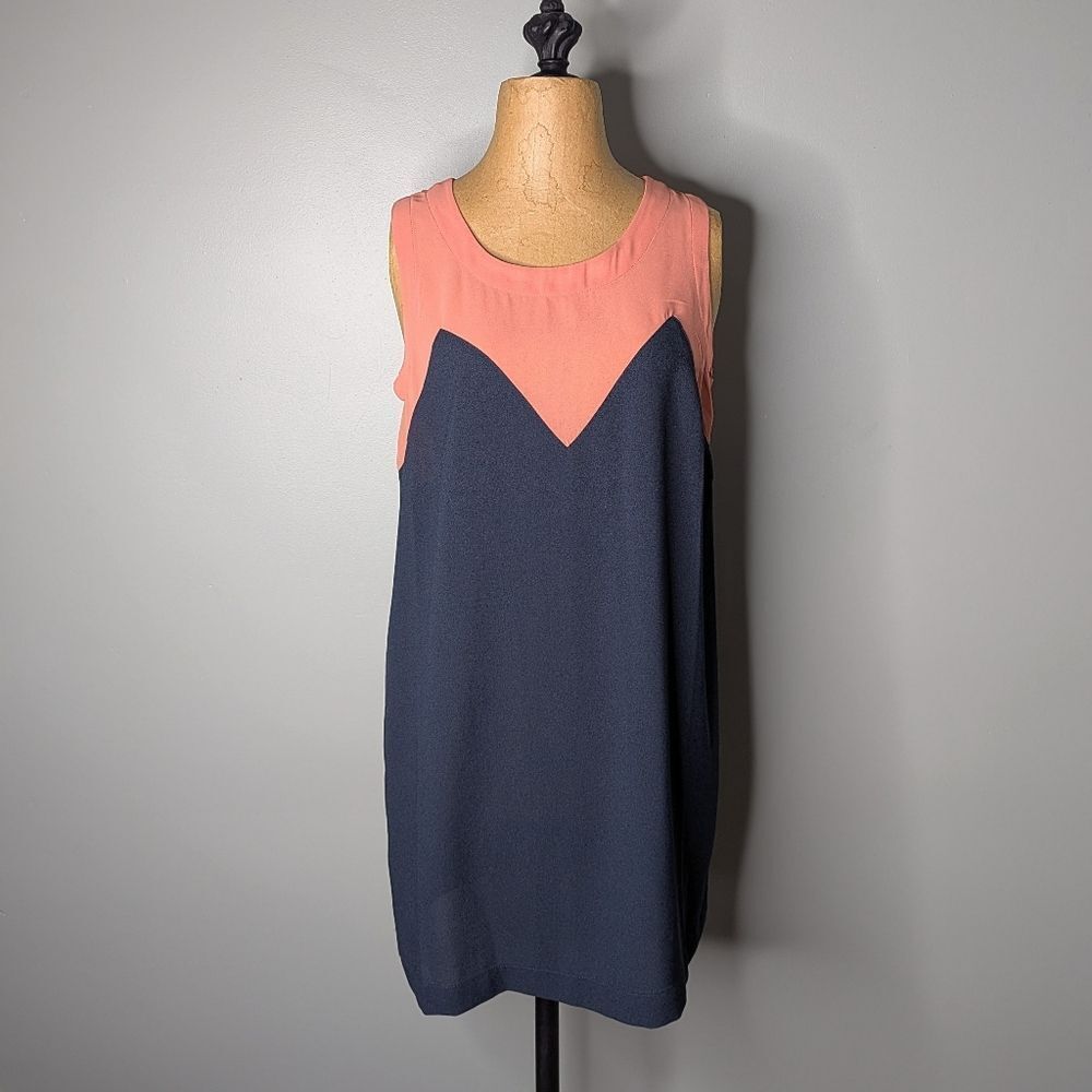 Chloe K Vintage Geometric Print Sheer Peach Navy Blue Shift Mini Dress M 8 10